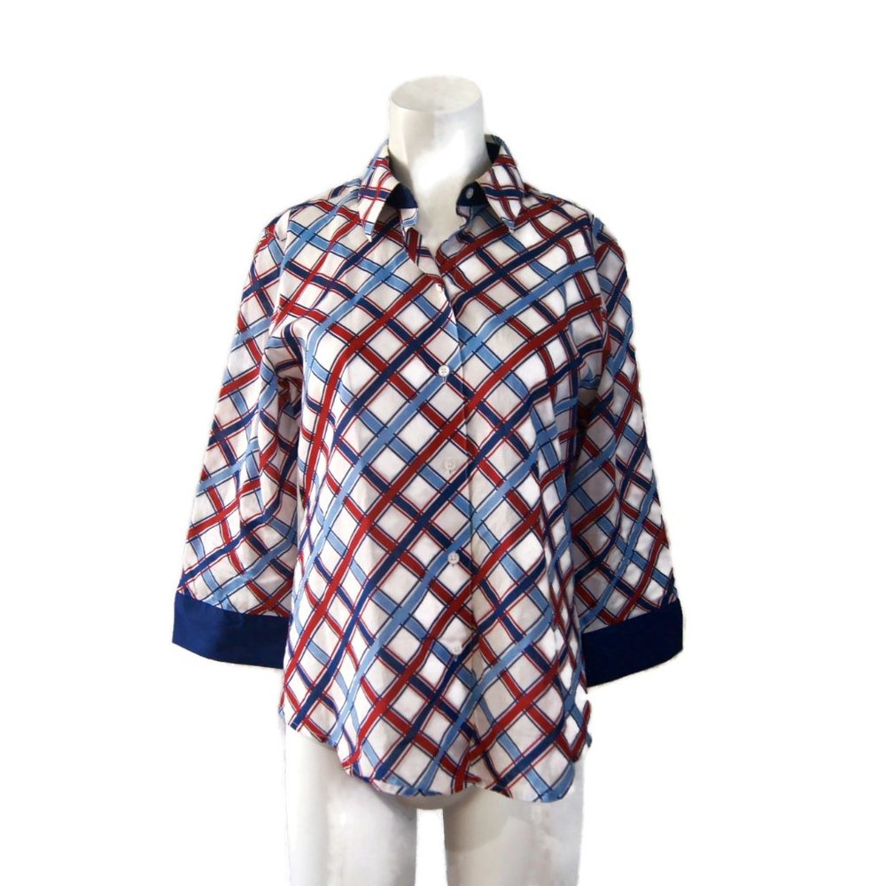 Foxcroft Blouse Women's Size 8P Blue Red White Button Down Long Sleeve